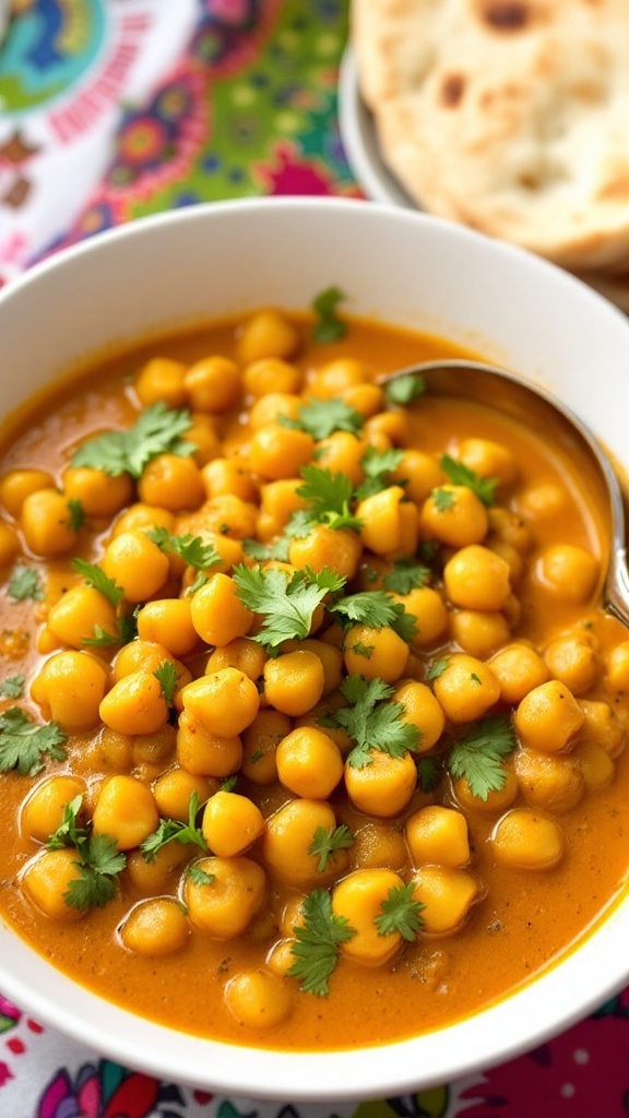 A bowl of chickpea curry with cilantro and naan on a colorful tablecloth.